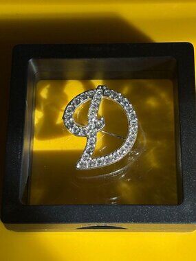 Vintage Signed AVON Rhinestone Initial "D" Cursive Brooch - Silver Tone